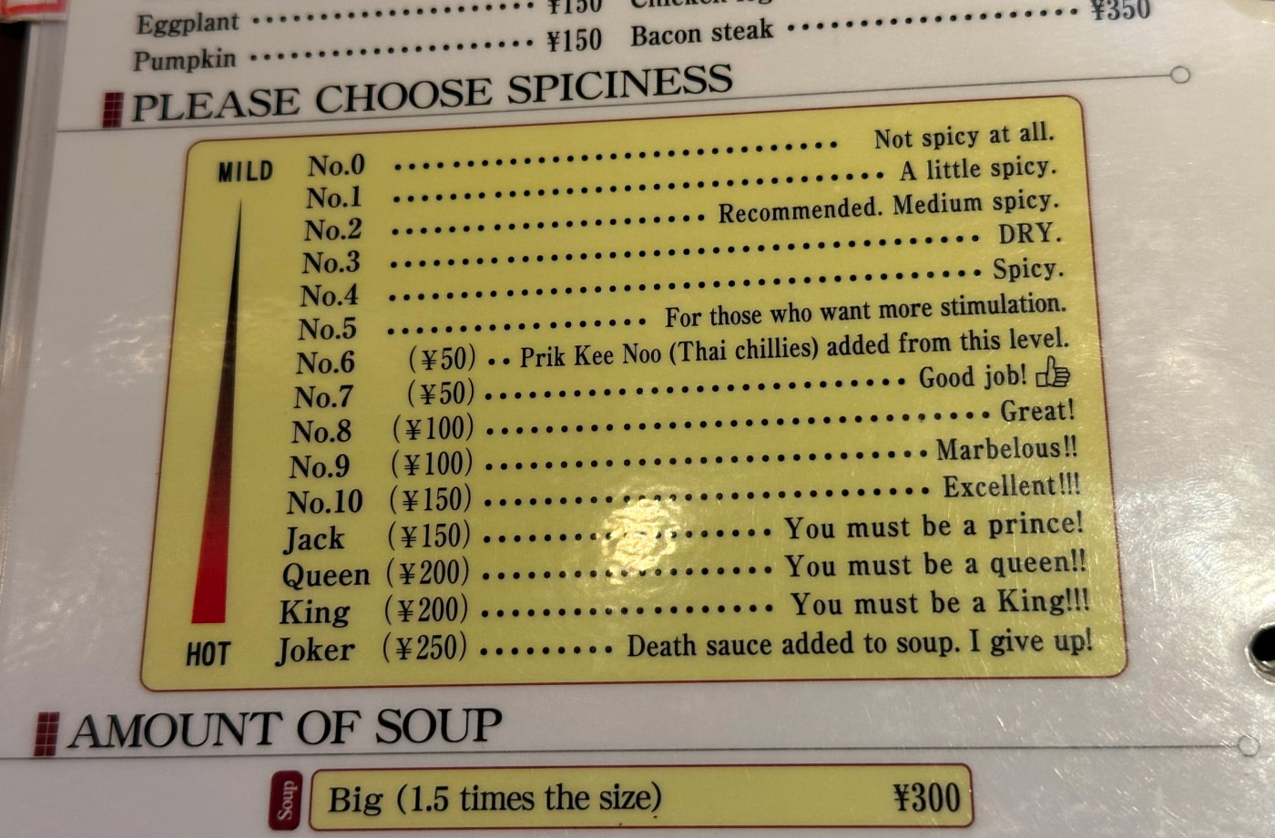 Meny på restaurang med fjorton grader av kryddighet. Grad 0 heter "Not spicy at all.". Grad 14 heter "Death sauce added to soup. I give up!".